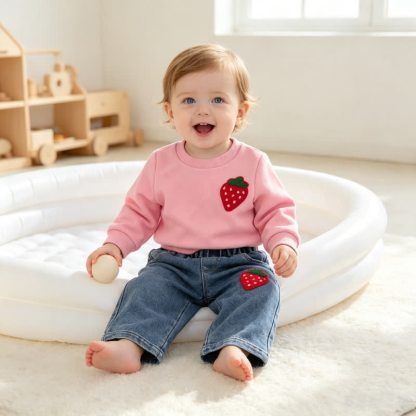 Baby Toddler Pink Strawberry Sweatshirt and Denim Pants 2-piece Set - image 5