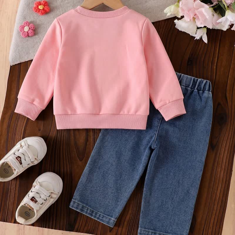 Baby Toddler Pink Strawberry Sweatshirt and Denim Pants 2-piece Set - image 2