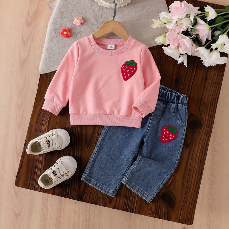Baby Toddler Pink Strawberry Sweatshirt and Denim Pants 2-piece Set - Pink - 2-3Y - image 1