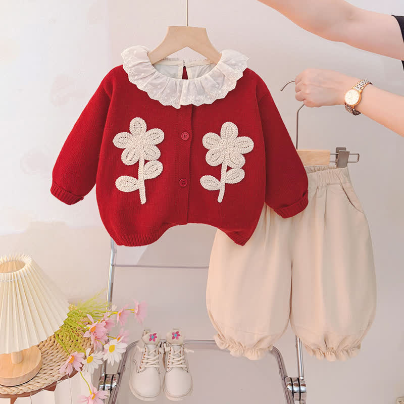 Baby Toddler Floral Lace Collar Knit Cardigan 3-piece Set - Red - 4-5T - image 1