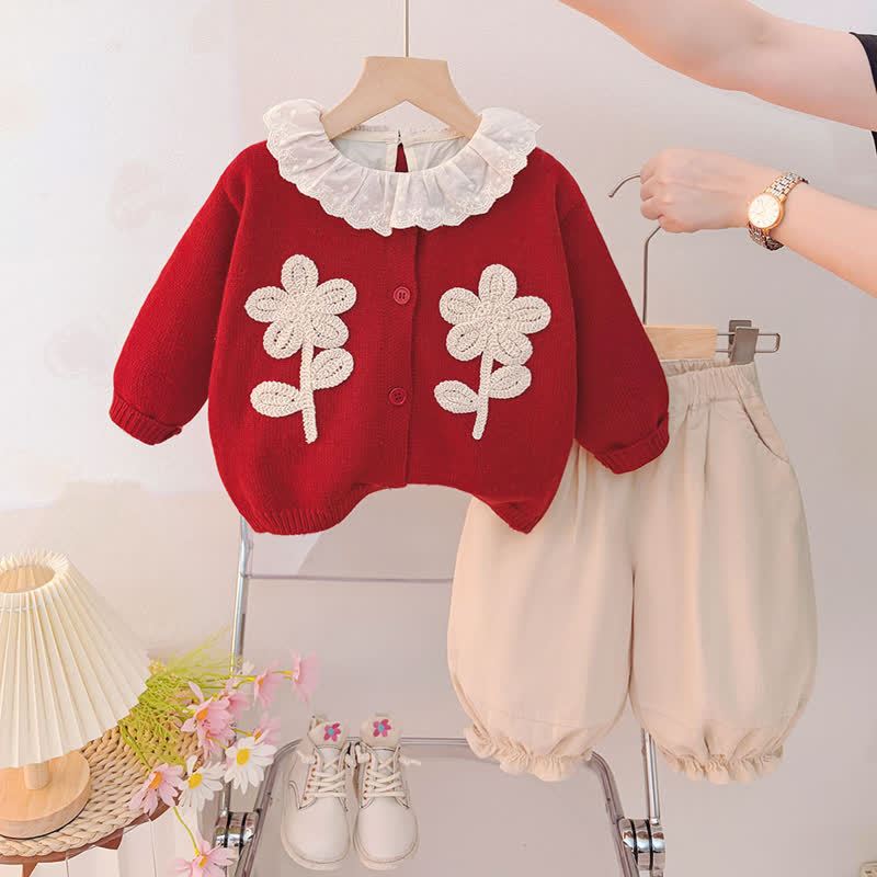 Baby Toddler Floral Lace Collar Knit Cardigan 3-piece Set - Red - 4-5T - image 1