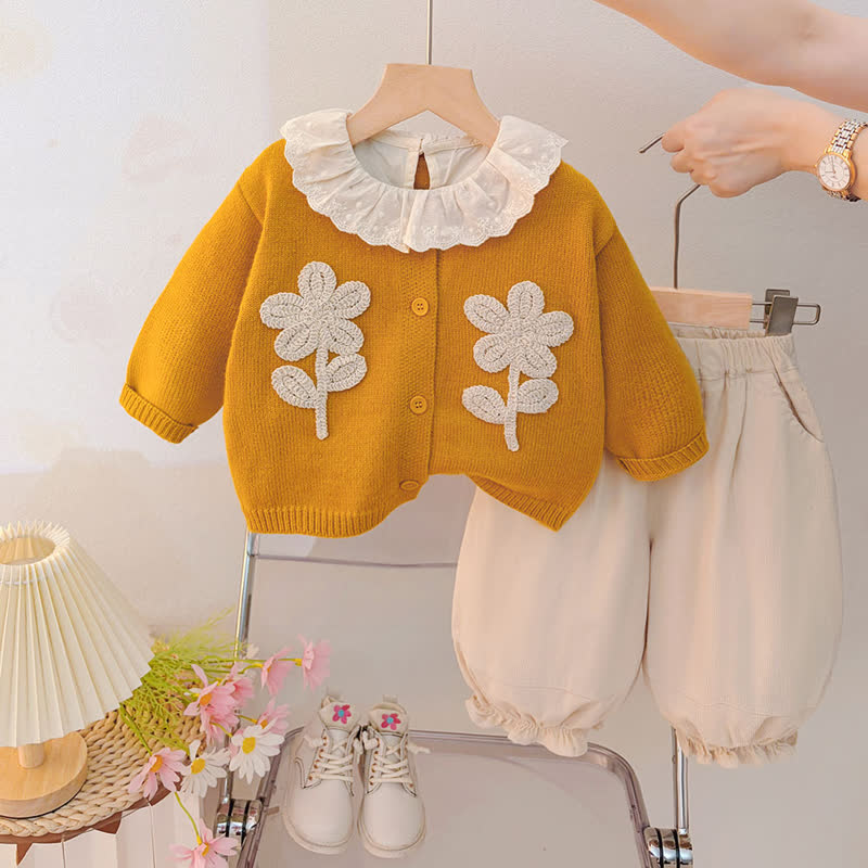 Baby Toddler Floral Lace Collar Knit Cardigan 3-piece Set - Yellow - 4-5T - image 2