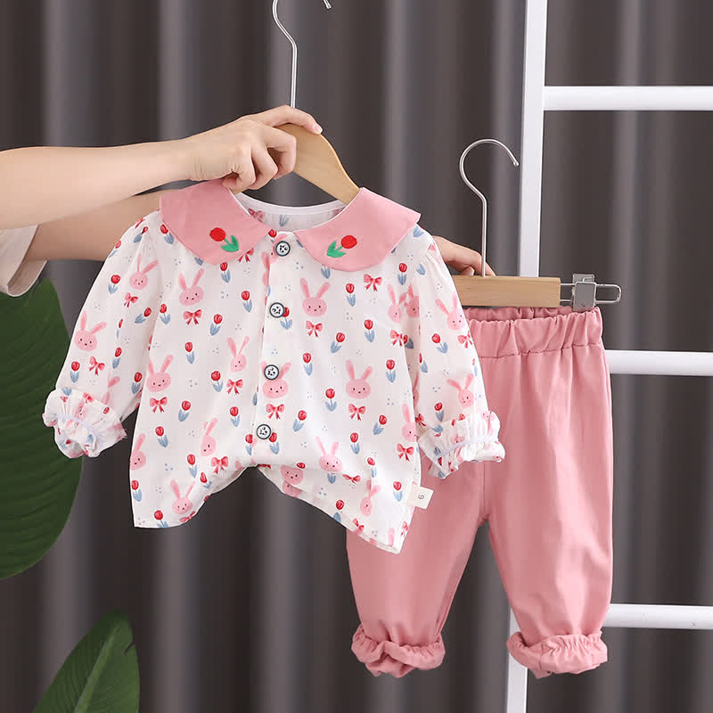 Baby Toddler Girl Bunny Print Peter Pan Top and Pants 2-piece Set - Pink - 4-5T - image 1