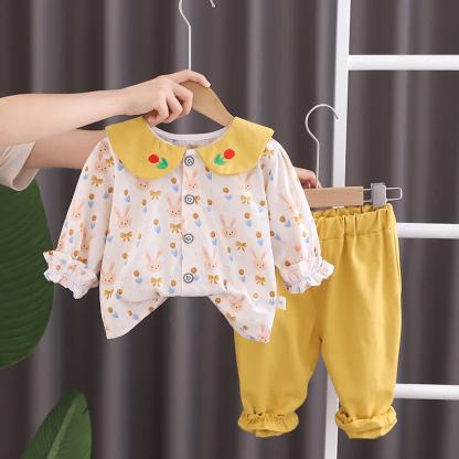 Baby Toddler Girl Bunny Print Peter Pan Top and Pants 2-piece Set - Yellow - 4-5T - image 2