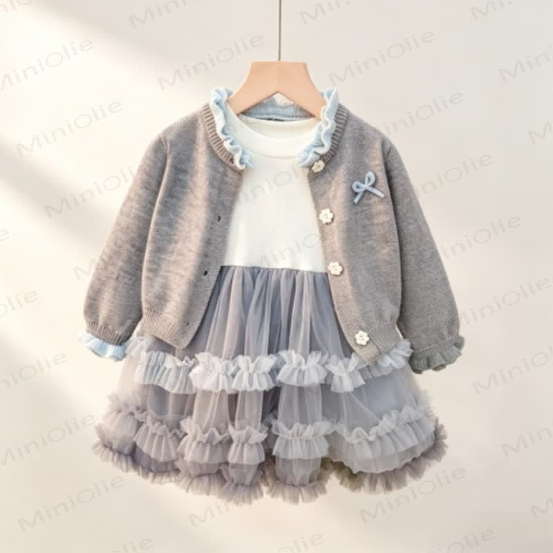Baby Toddler Ruffle Cardigan Tulle Dress Set - Gray - 4-5T - image 4