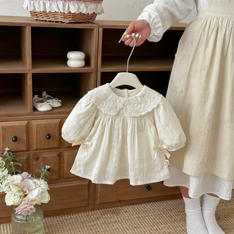 Baby Girl Embroidered Floral Peter Pan Collar Long Sleeve Dress - Beige - 6-7T - image 1