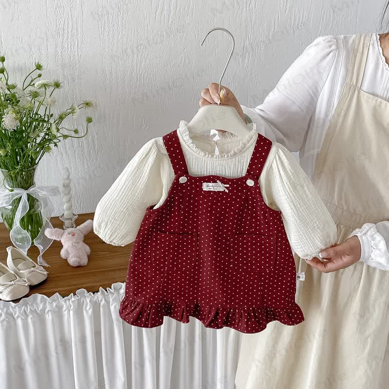 Baby Burgundy Polka Dot Pinafore Dress With Blouse - image 2