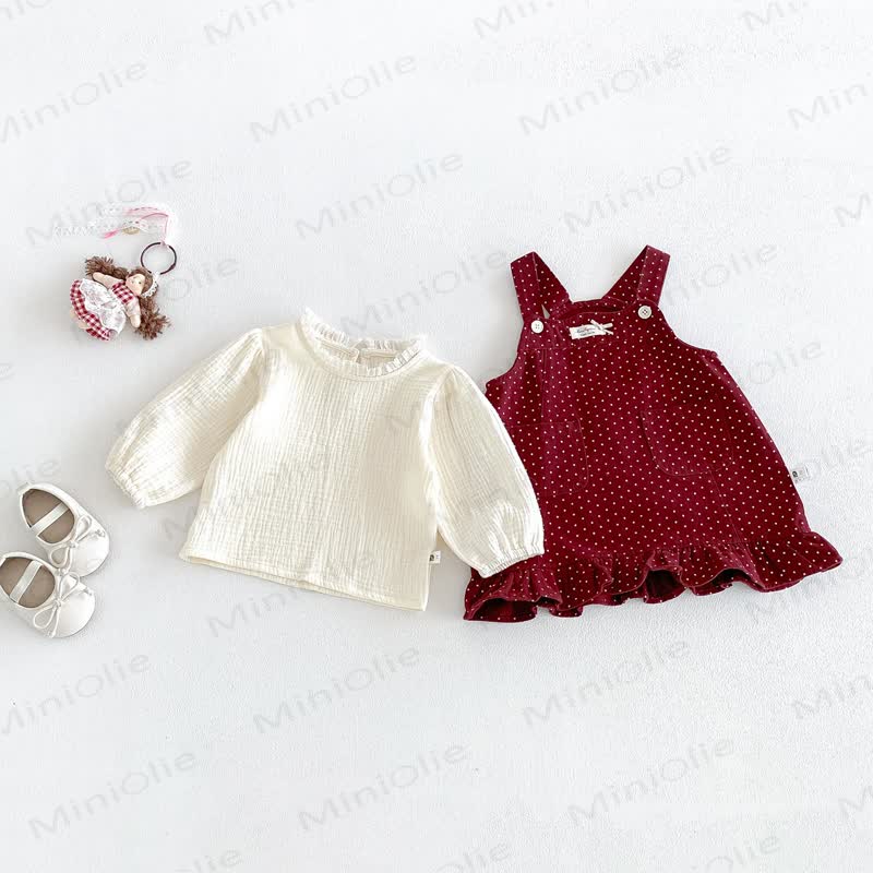 Baby Burgundy Polka Dot Pinafore Dress With Blouse - White & Red - 2-3T - image 1