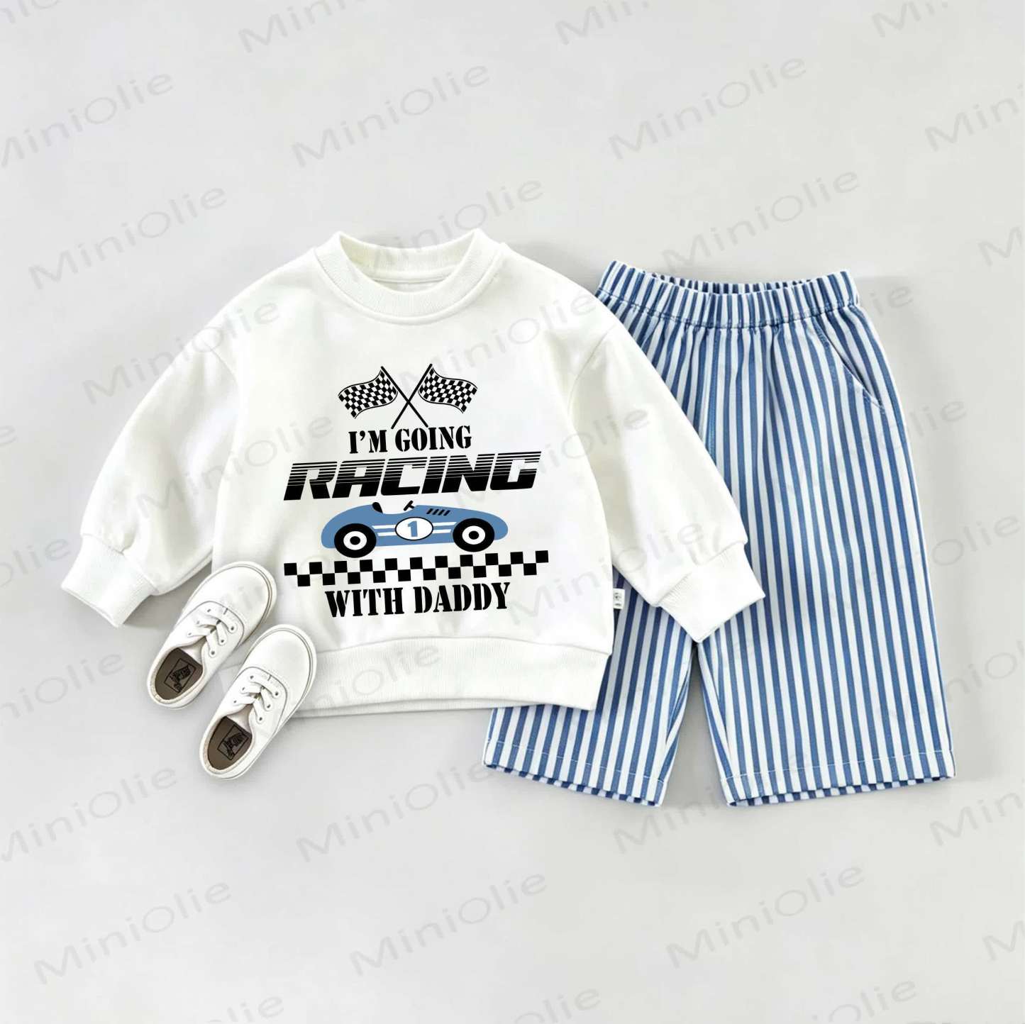 I'M GOING RACING WITH DADDY Baby Sweatshirt 2-piece Set - White&Blue - 2-3T - image 1