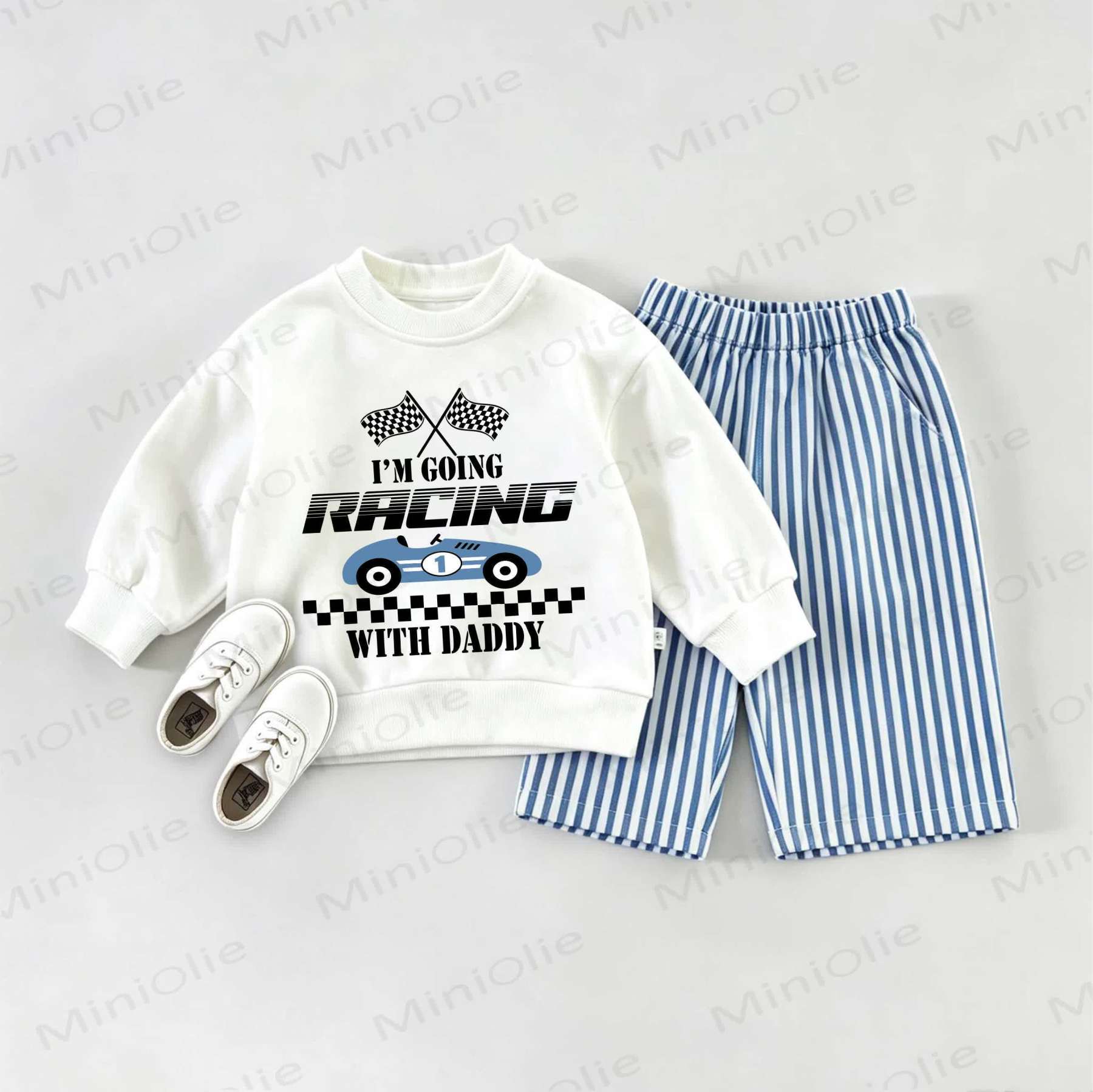I'M GOING RACING WITH DADDY Baby Sweatshirt 2-piece Set - White&Blue - 2-3T - image 1