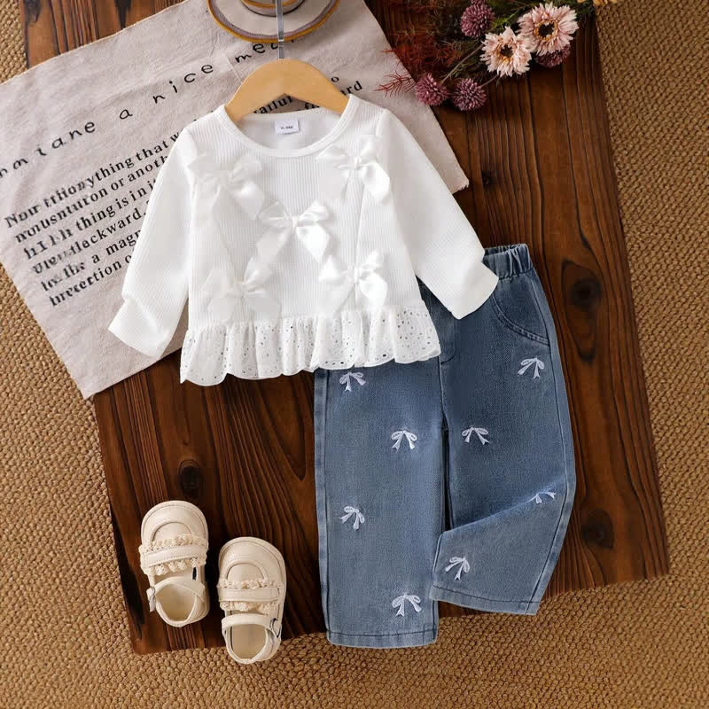 Baby Girl White Bow Lace Knit Top and Denim Pants 2-piece Set - White - 2-3Y - image 1