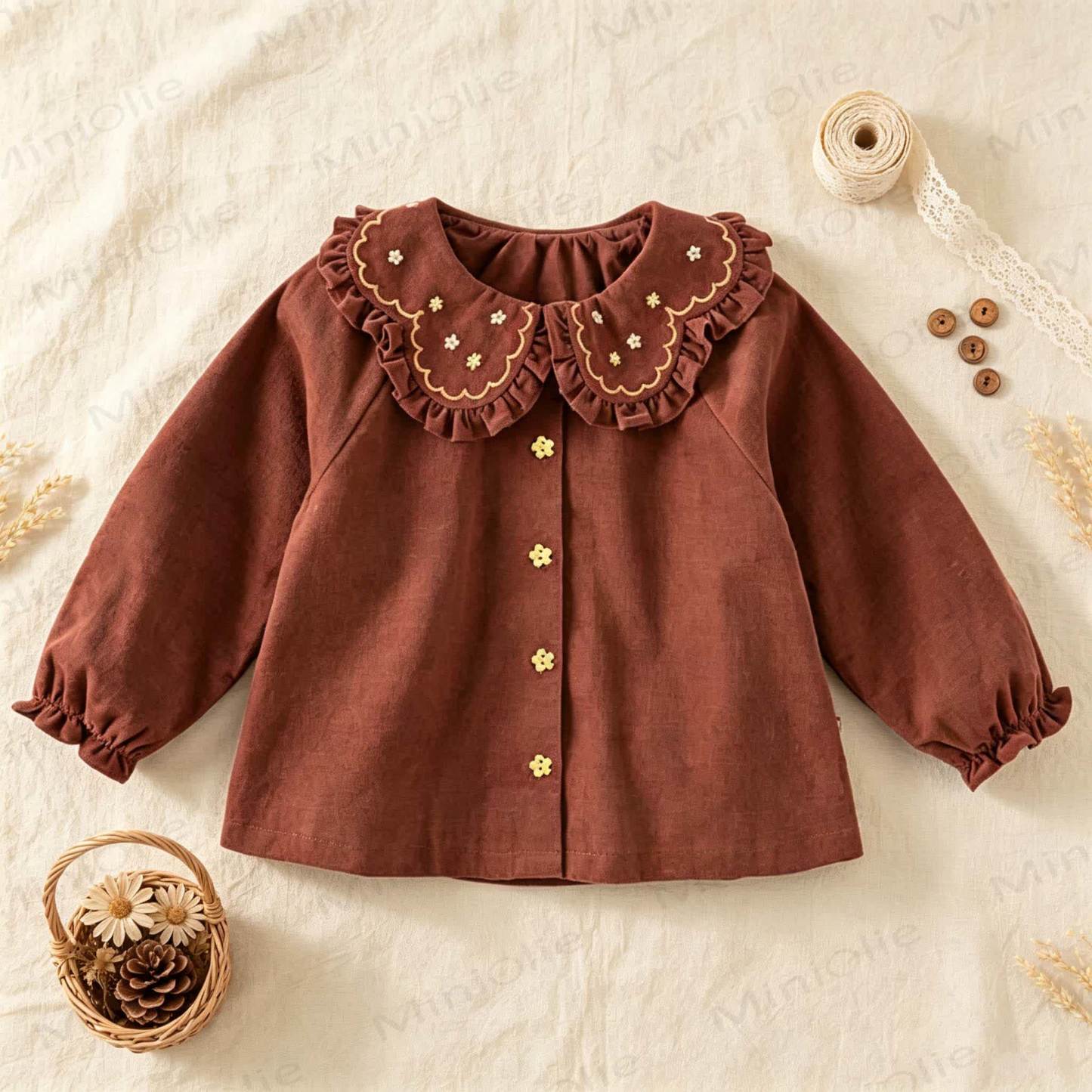 Baby Girls Floral Embroidery Ruffle Long Sleeve Sweatshirt - Brown - 2-3T - image 1