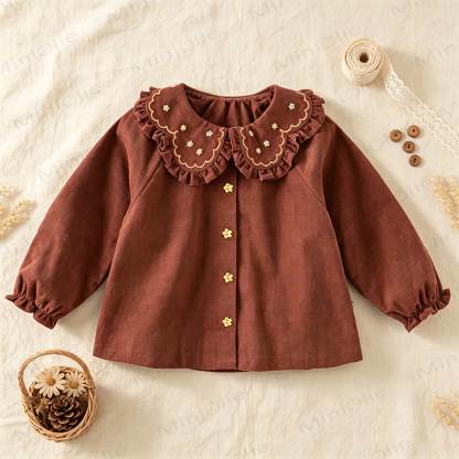 Baby Girls Floral Embroidery Ruffle Long Sleeve Sweatshirt - Brown - 2-3T - image 1