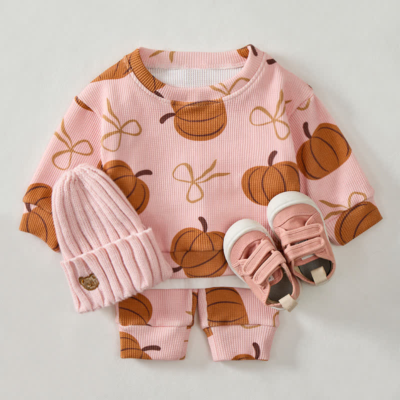 Baby Pumpkin Bow Pink Waffle Sweartshit and Pants 2-piece Set - image 2