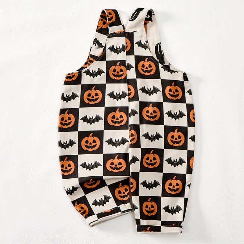 Baby Toddler Pumpkin Bat Black White Checkerboard Print Beige Overalls - image 3