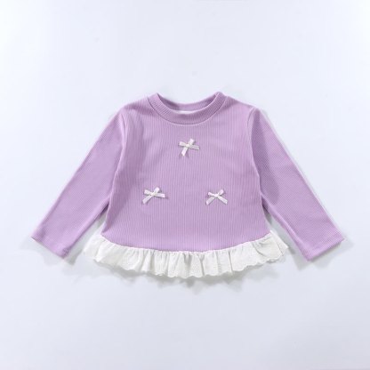 Toddler Girl Ribbed Bow Lace Long Sleeve T-Shirt - Light Purple - 10-11T - image 9