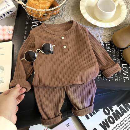 Toddler Kid Solid Color Knit Henley Lounge 2-piece Set - Brown - 8-9T - image 2