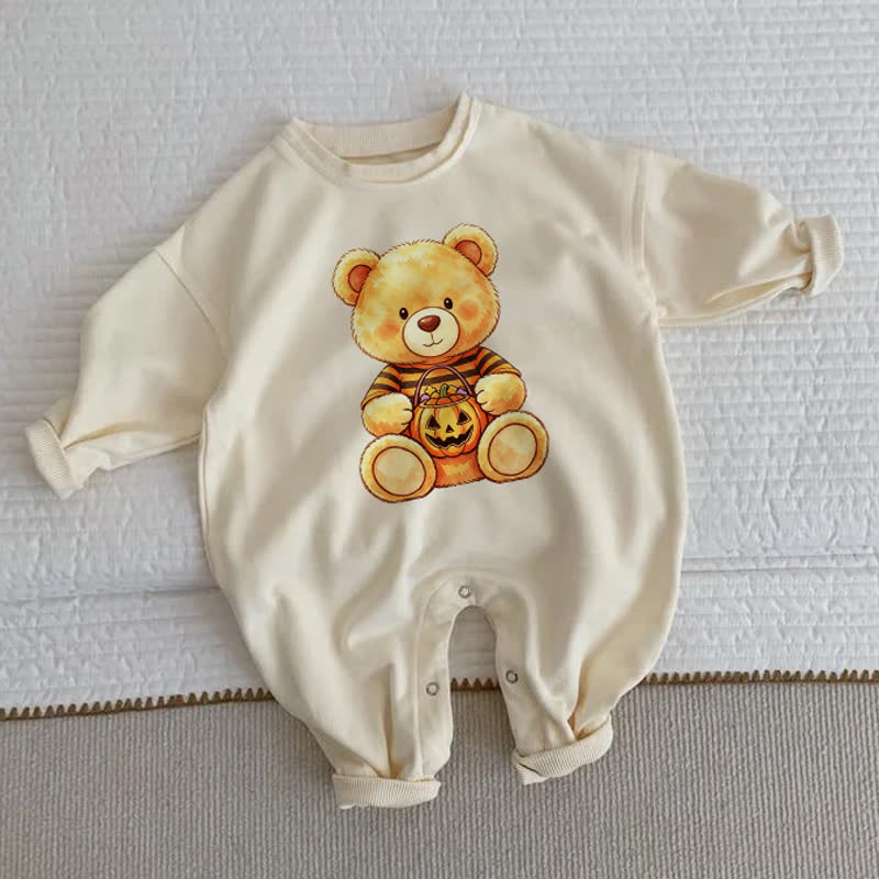 Baby Toddler Bear Holding a Pumpkin Print Beige Romper - Beige - 2-3T - image 1