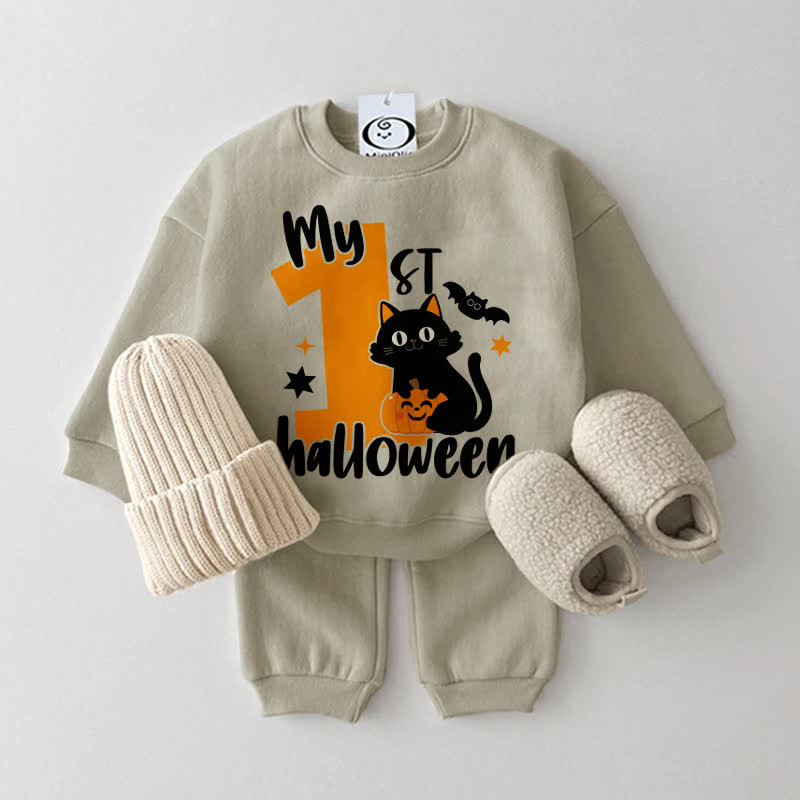 MY 1ST HALLOWEEN Baby Cat and Pumpkin Print Sweatshirt 2-piece Set - Grey Green - 2-3T - image 2