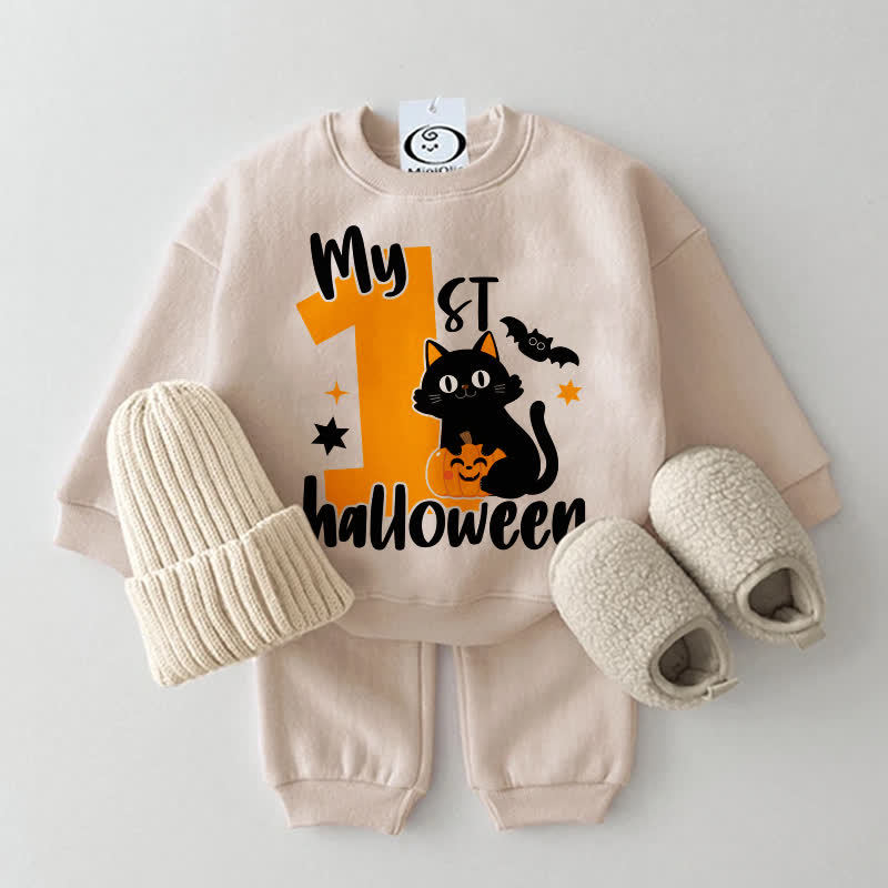 MY 1ST HALLOWEEN Baby Cat and Pumpkin Print Sweatshirt 2-piece Set - Beige - 2-3T - image 1
