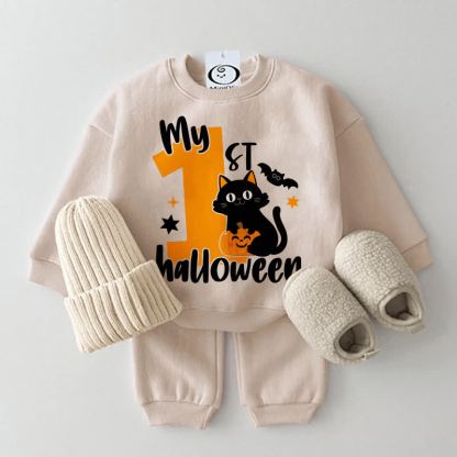 MY 1ST HALLOWEEN Baby Cat and Pumpkin Print Sweatshirt 2-piece Set - Beige - 2-3T - image 1