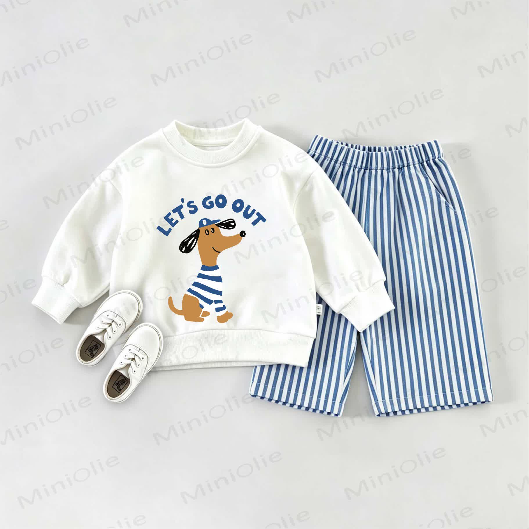  LET'S GO OUT Baby Sweatshirt and Striped Pants 2-piece Set - White&Blue - 2-3T - image 1