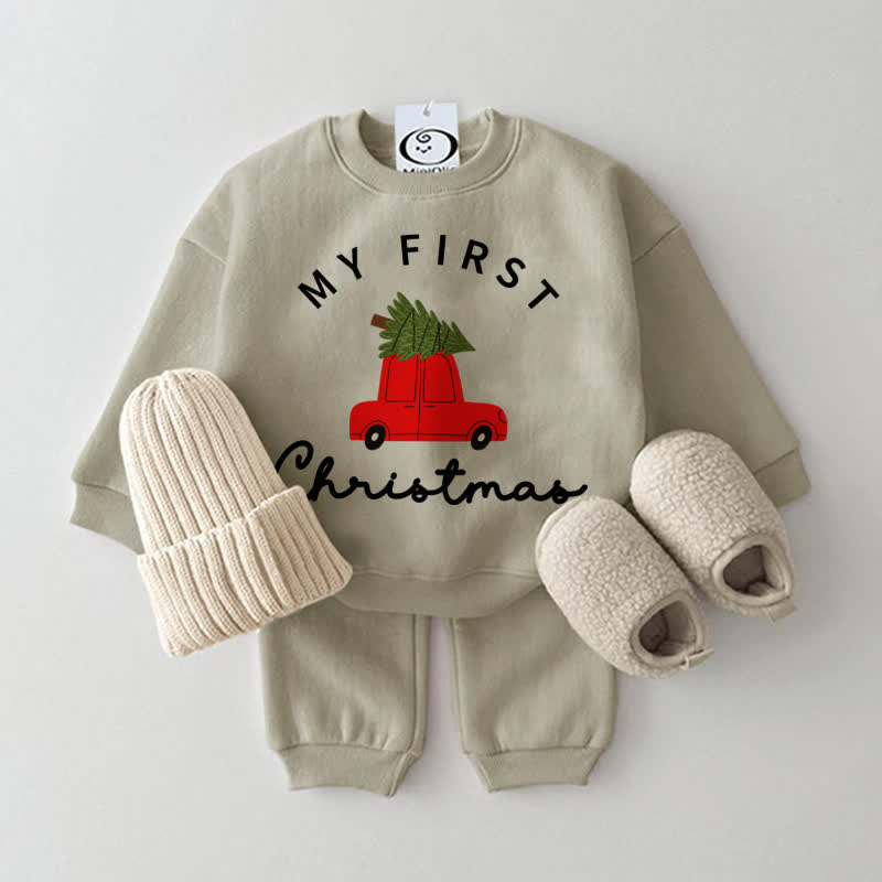 MY FIRST CHRISTMAS Baby Christmas Tree Car Print Sweatshirt 2-piece Set - Grey Green - 2-3T - image 3