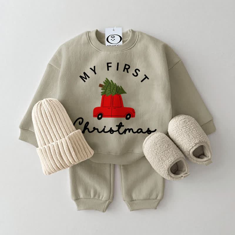 MY FIRST CHRISTMAS Baby Christmas Tree Car Print Sweatshirt 2-piece Set - Grey Green - 2-3T - image 3