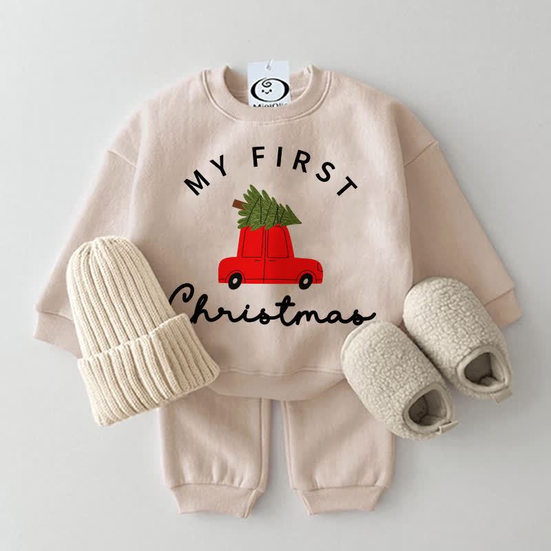 MY FIRST CHRISTMAS Baby Christmas Tree Car Print Sweatshirt 2-piece Set - Beige - 2-3T - image 1