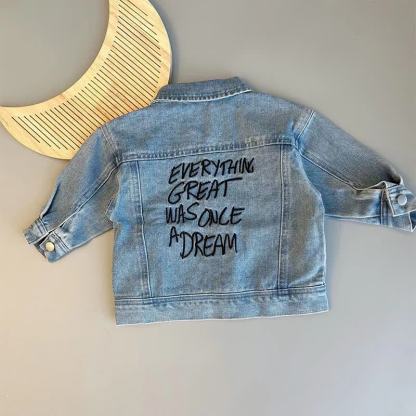 EVERYTHING GREAT WAS ONCE A DREAM Baby Toddler Denim Jacket or Beige Puppy Pants - Blue - 6-7T - image 2
