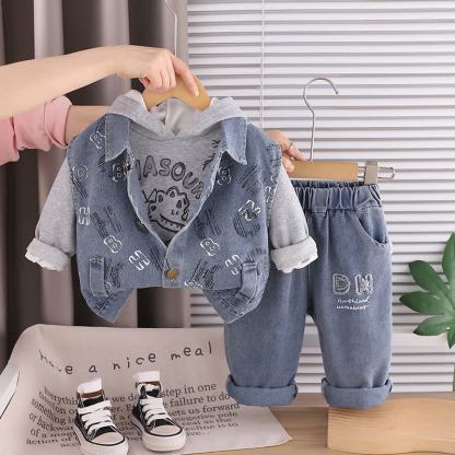 Toddler Baby Boy Cartoon Hoodie and Denim Vest 3-piece Set - Gray - 4-5T - image 2