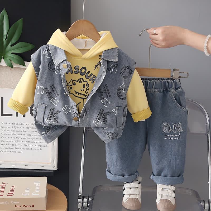 Toddler Baby Boy Cartoon Hoodie and Denim Vest 3-piece Set - Yellow - 4-5T - image 3
