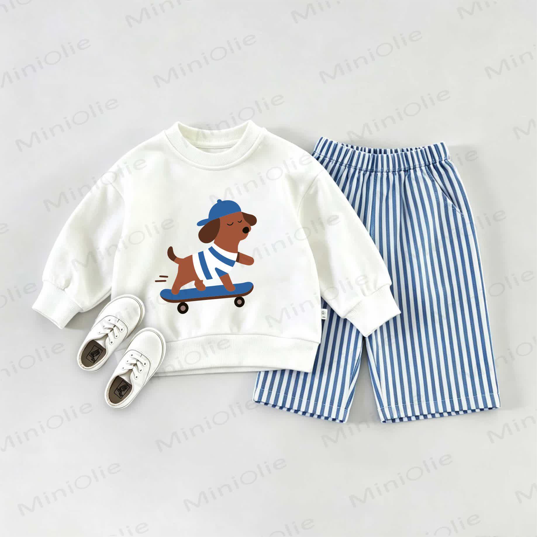  Baby Daschund Skateboarding Sweatshirt and Striped Pants Set - White&Blue - 2-3T - image 1