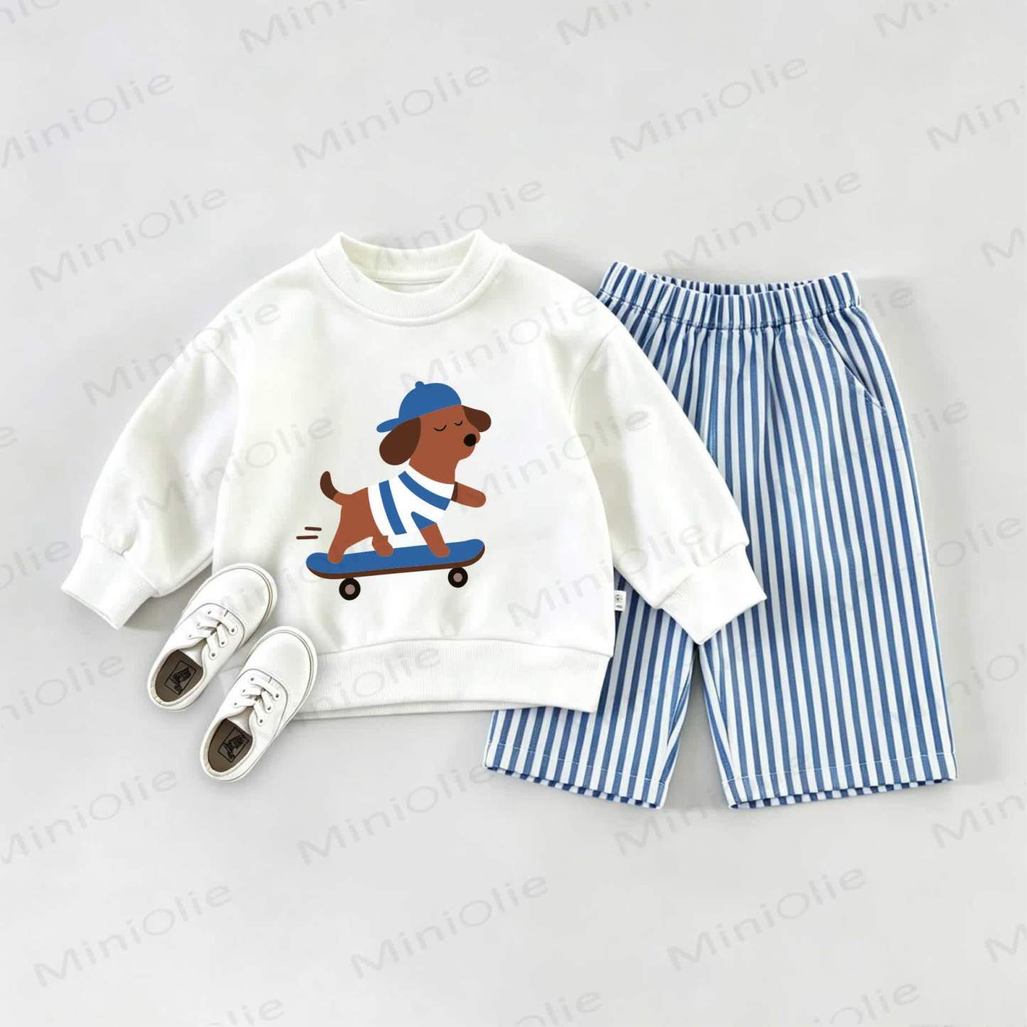  Baby Daschund Skateboarding Sweatshirt and Striped Pants Set - White&Blue - 2-3T - image 1