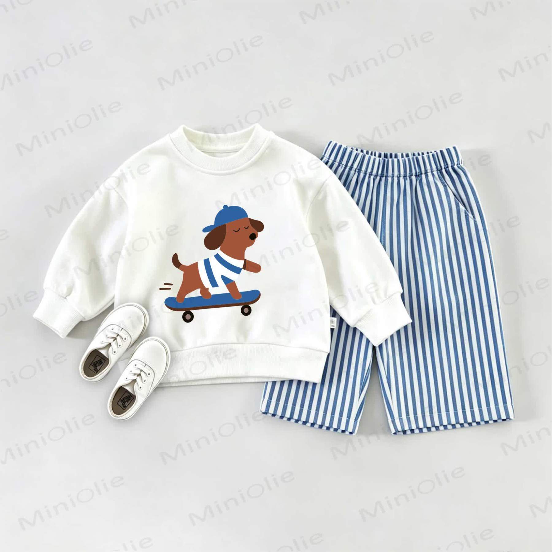  Baby Daschund Skateboarding Sweatshirt and Striped Pants Set - White&Blue - 2-3T - image 1