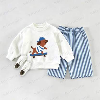  Baby Daschund Skateboarding Sweatshirt and Striped Pants Set - White&Blue - 2-3T - image 1