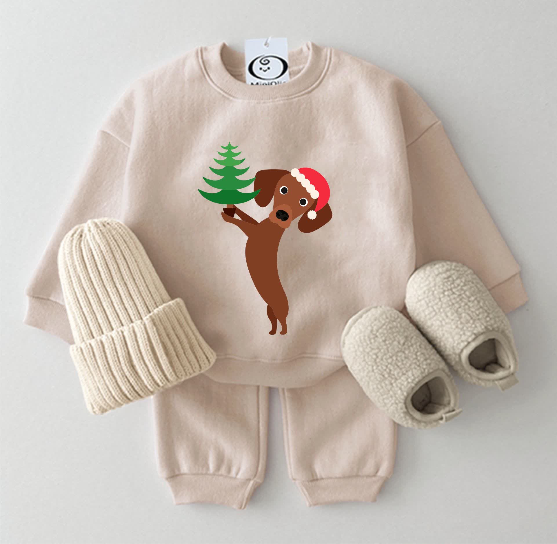  Baby Christmas Tree Dachshund Beige Sweatshirt 2-piece Set - Beige - 2-3T - image 1