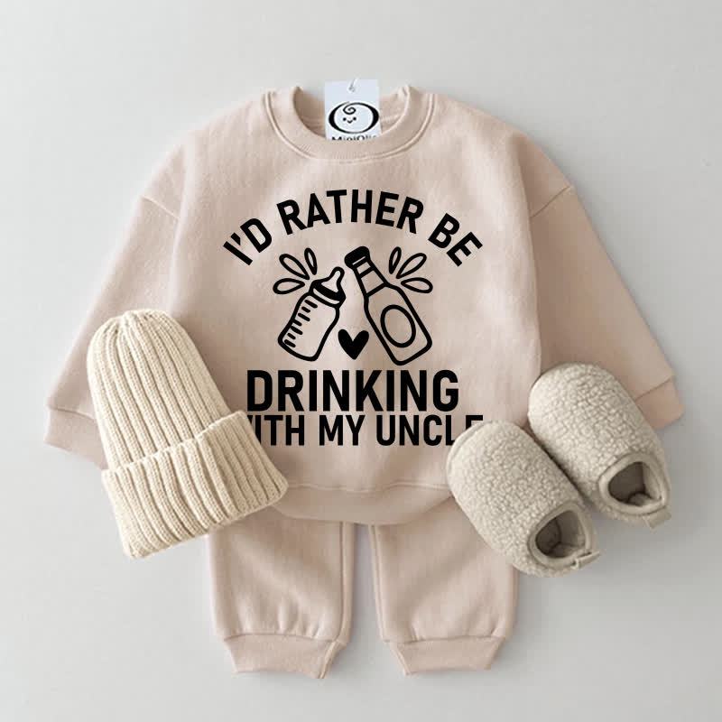 I'D RATHER BE DRINKING WITH MY UNCLE Baby Bottle Print Sweatshirt 2-piece Set - Beige - 2-3T - image 1