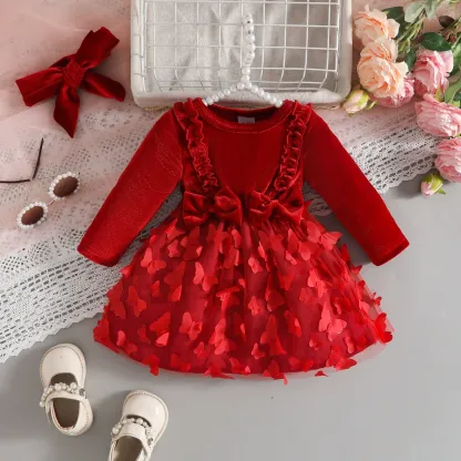 Baby Girl Velvet Butterfly Tulle Dress - Red - 12-18M - image 1