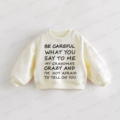 BE CAREFUL WHAT YOU SAY TO ME MY GRANDMA'S CRAZY AND I'M NOT AFRAID TO TELL ON YOU Baby Toddler Cream Sweatshirt - Cream - 3-5T - image 1