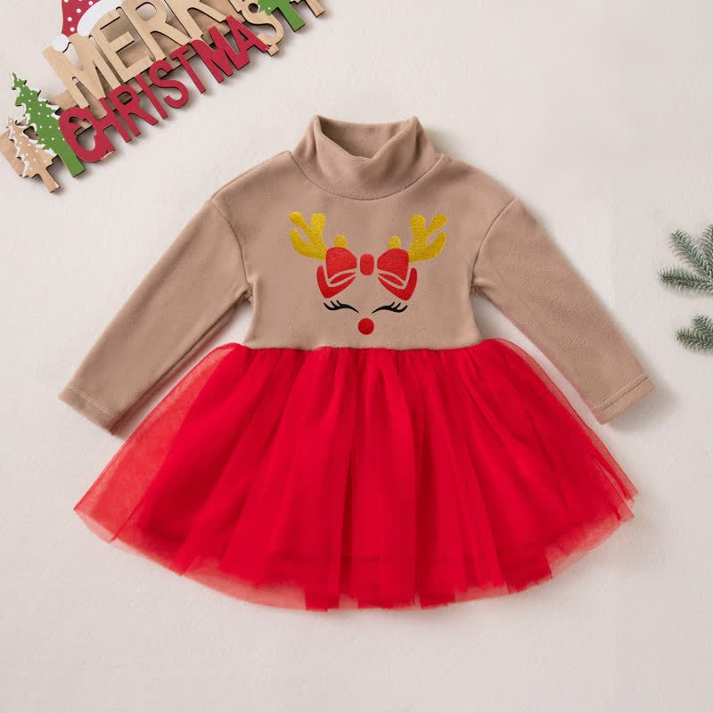 Baby Girl Turtleneck Tulle Christmas Dress - Red Deer - 2-3Y - image 3