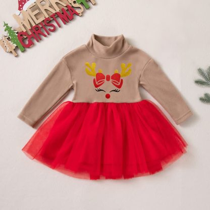 Baby Girl Turtleneck Tulle Christmas Dress - Red Deer - 2-3Y - image 3