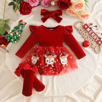Baby Girl Velvet Tulle Dress with Headband and Socks - Red Deer - 12-18M - image 3