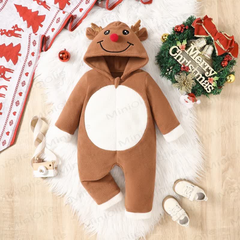 Baby Christmas Reindeer Hooded Romper - Light Brown - 18-24M - image 1