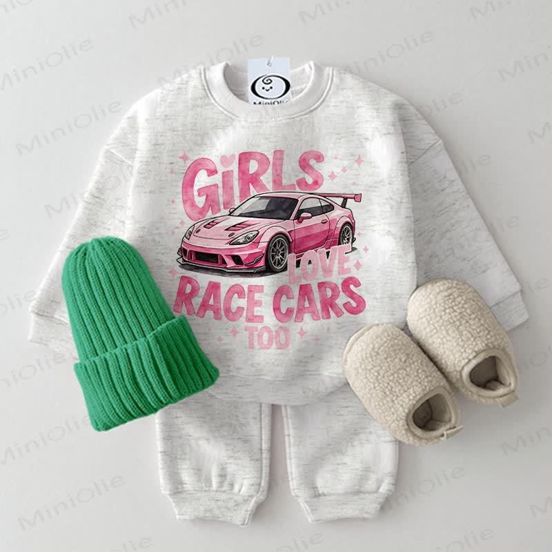 GIRLS LOVE RACE CARS TOO Baby Vehicle Light Grey Sweatshirt 2-piece Set - Light Grey - 2-3T - image 1