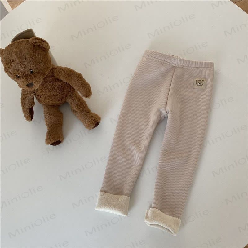 Toddler Bear Patch Ribbed Fleece Lined Leggings - Beige - 6-7T - image 4