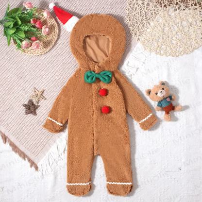 Baby Gingerbread Hooded Plush Christmas Footed Romper - Beige - 18-24M - image 1