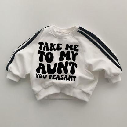 TAKE ME TO MY AUNT YOU PEASANT Baby Black Striped Sleeve White Sweatshirt - White - 2-3T - image 1