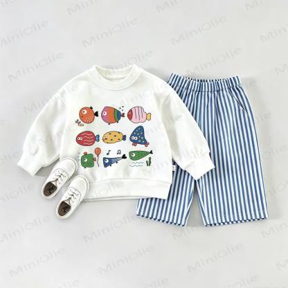 Baby Cartoon Fish Sweatshirt and Striped Pants Set - White&Blue - 2-3T - image 1