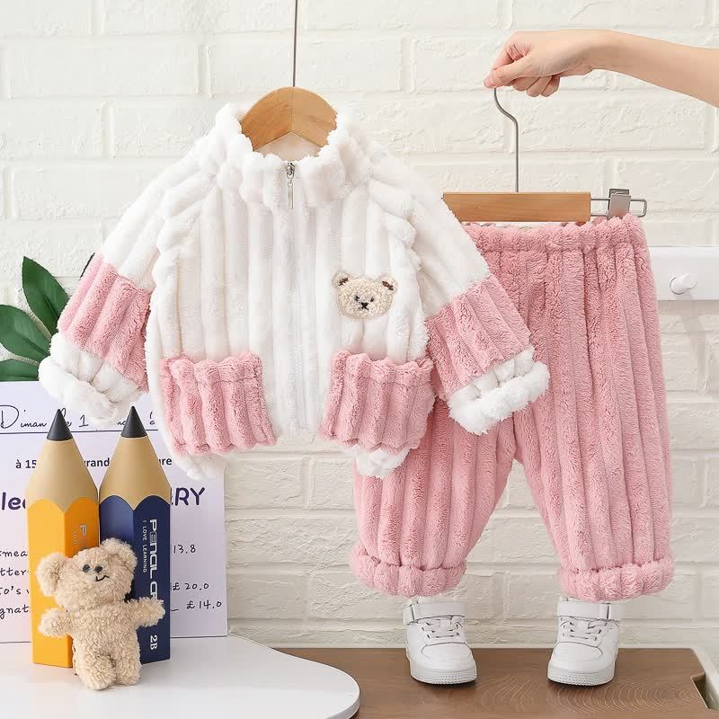 Baby Toddler Animal Patch Plush Zip Jacket and Pants 2-piece Set - Pink - 4-5T - image 2